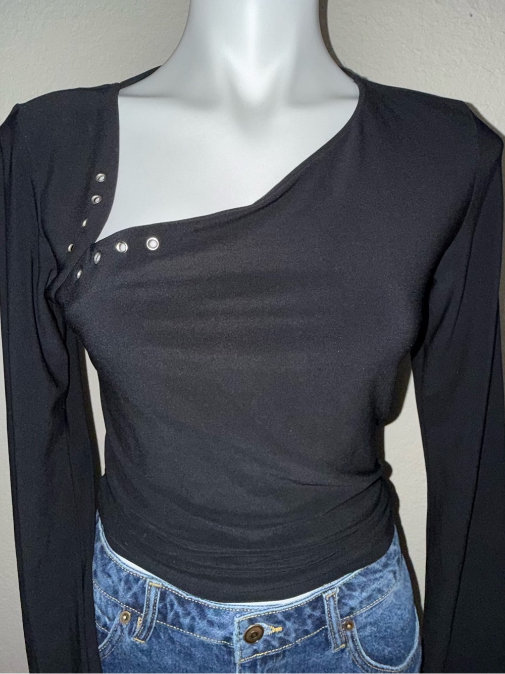 Studio Y Black Asymmetric Snap-Detail Long Sleeve Tee